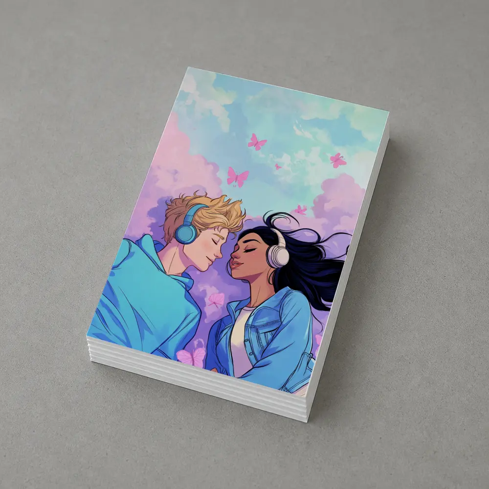 Anime Couple Headphones Pastel Sky Butterflies – Postcards