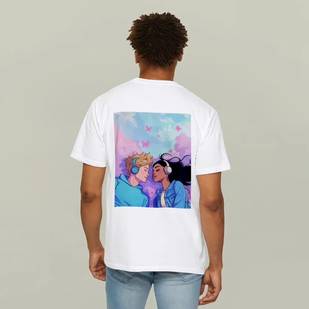 Anime Couple Headphones Pastel Sky Butterflies – T-Shirts