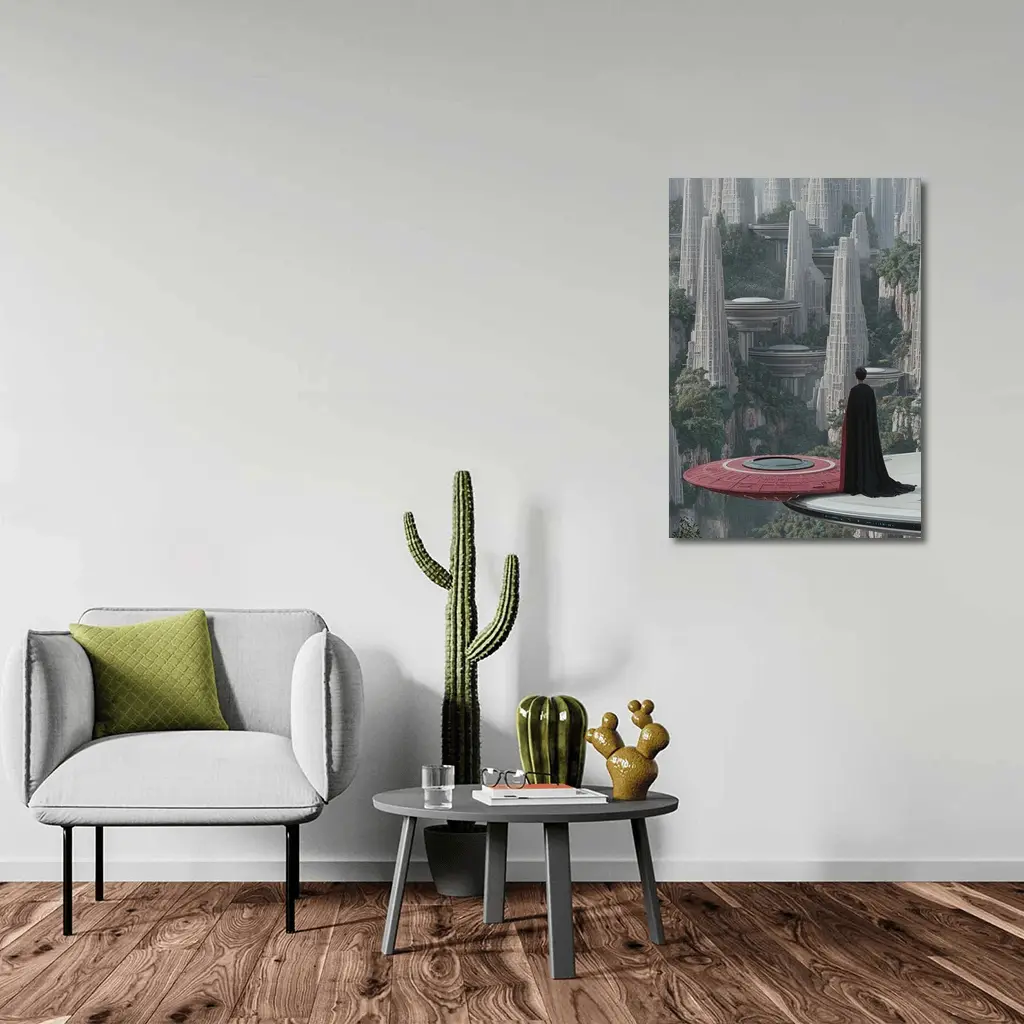 Cloaked Figure Overlooking Futuristic City Towers – Wall Art