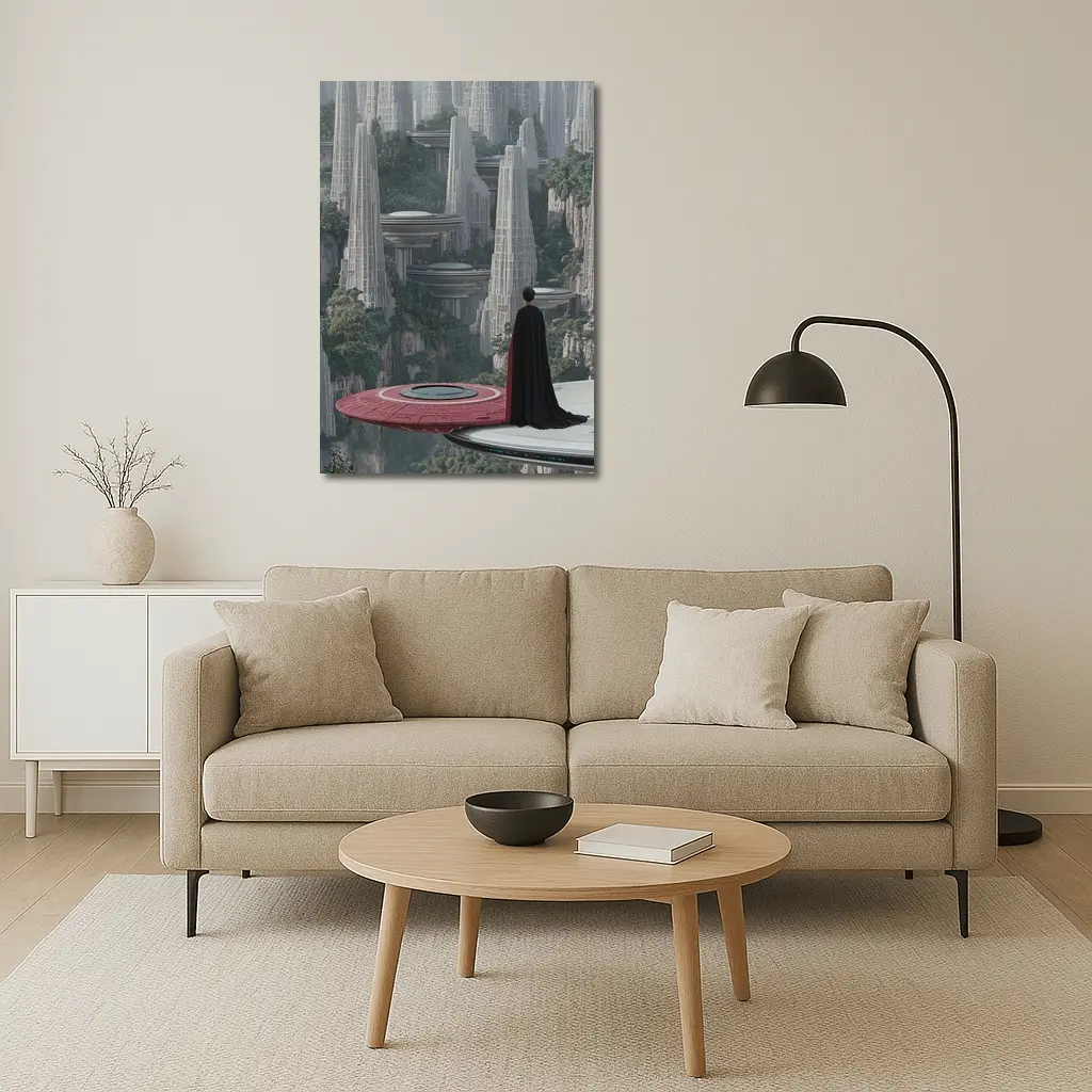Cloaked Figure Overlooking Futuristic City Towers – Wall Art