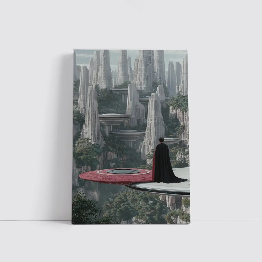 Cloaked Figure Overlooking Futuristic City Towers – Wall Art