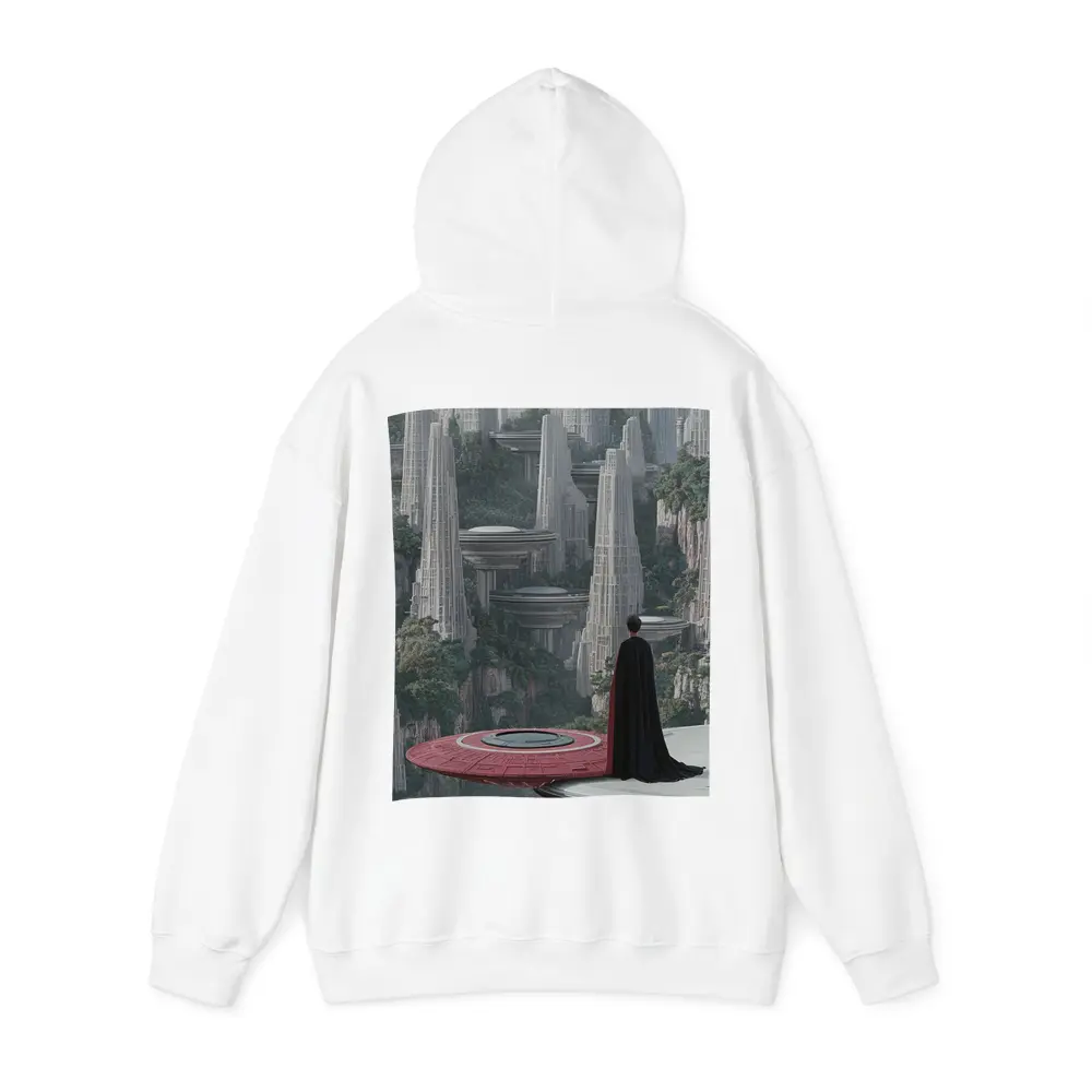Cloaked Figure Overlooking Futuristic City Towers – Hoodies