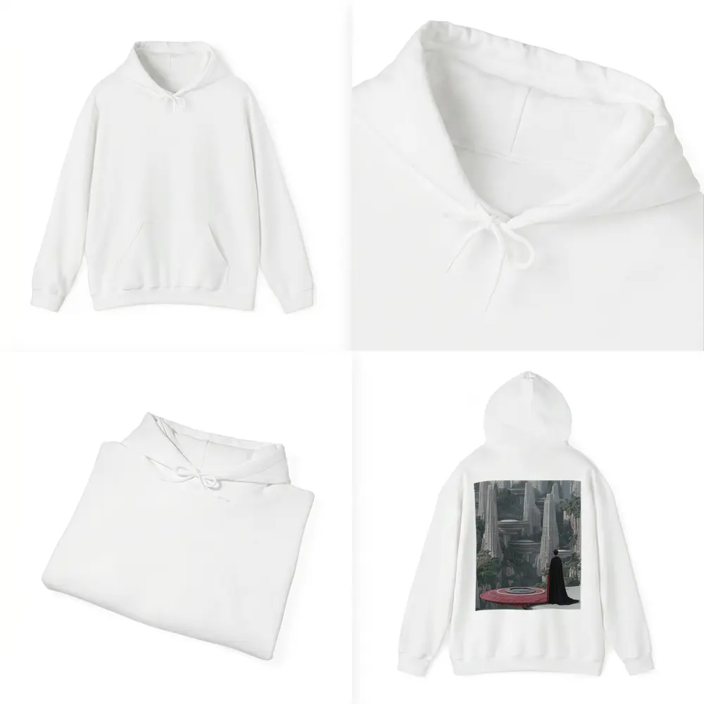 Cloaked Figure Overlooking Futuristic City Towers – Hoodies