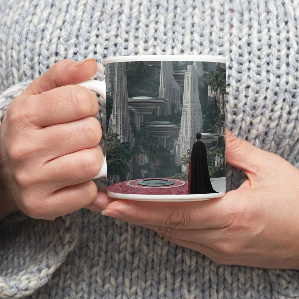 Cloaked Figure Overlooking Futuristic City Towers – Mugs