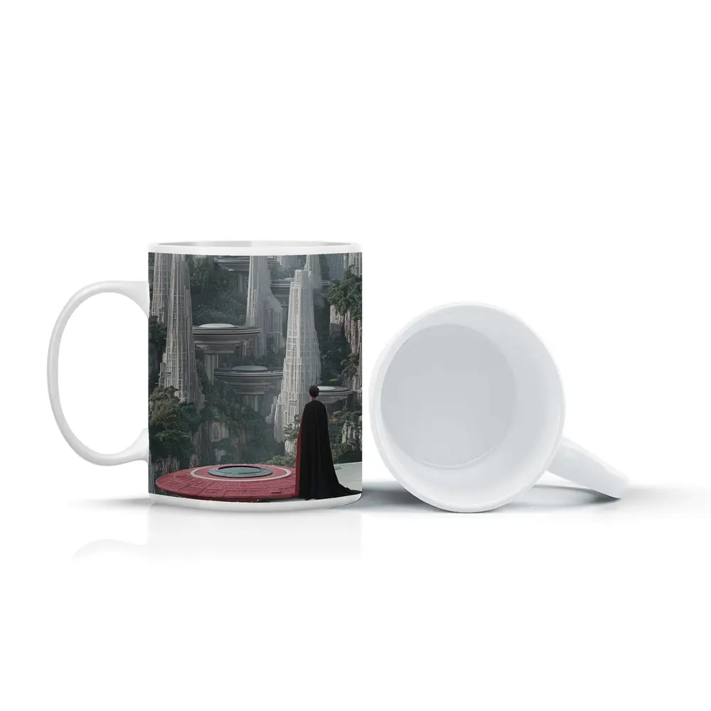 Cloaked Figure Overlooking Futuristic City Towers – Mugs