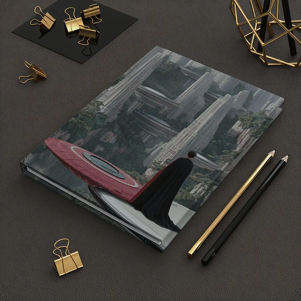 Cloaked Figure Overlooking Futuristic City Towers – Notebooks