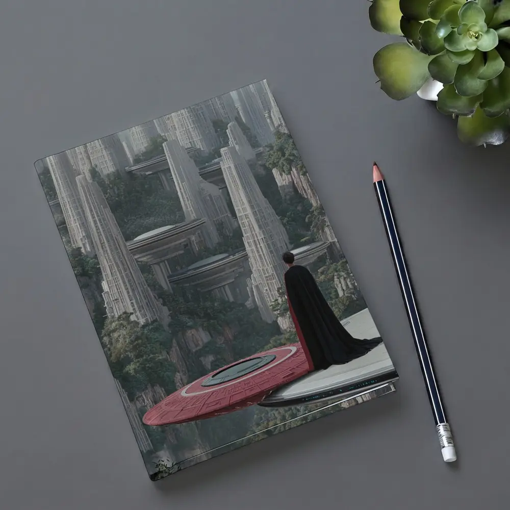 Cloaked Figure Overlooking Futuristic City Towers – Notebooks