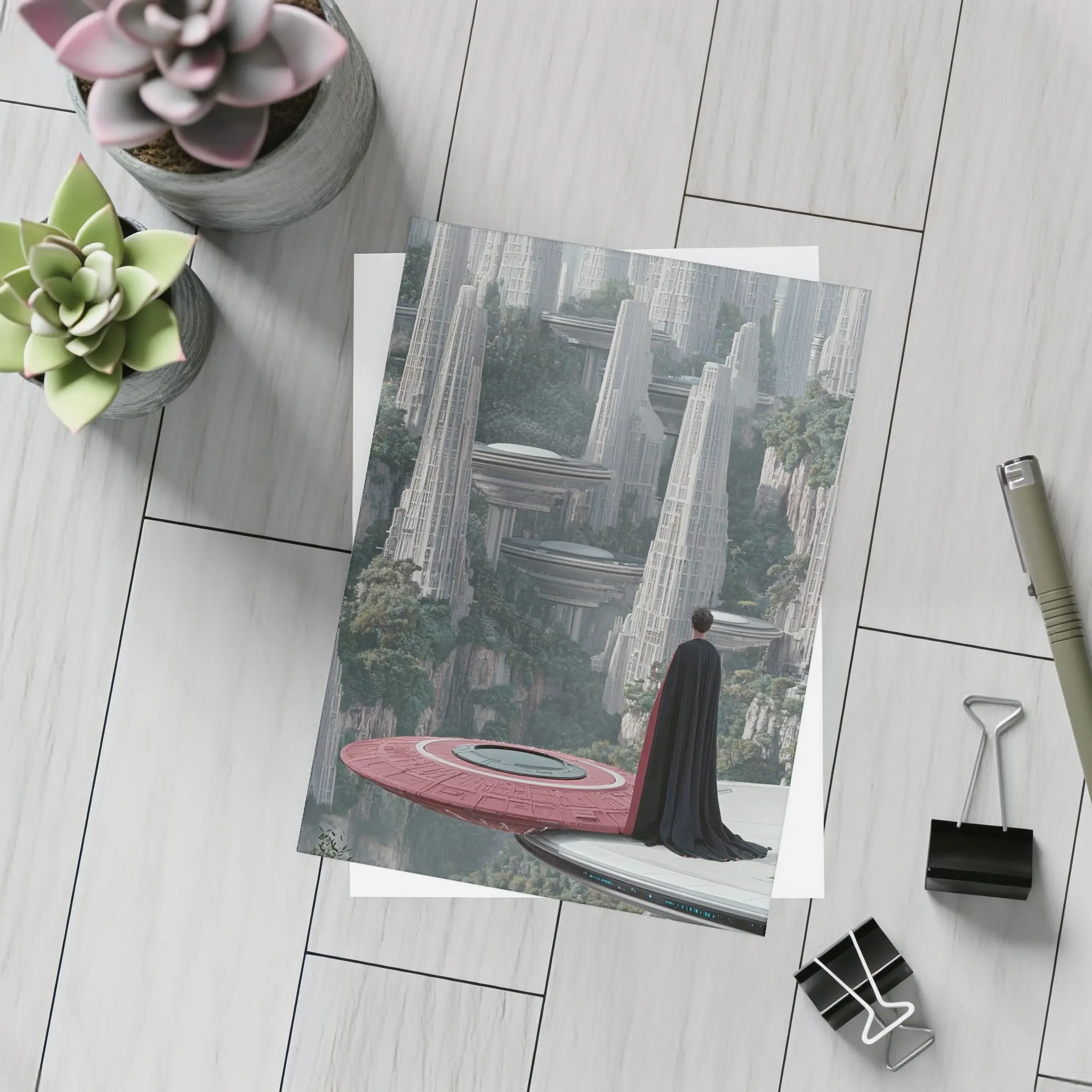 Cloaked Figure Overlooking Futuristic City Towers – Postcards