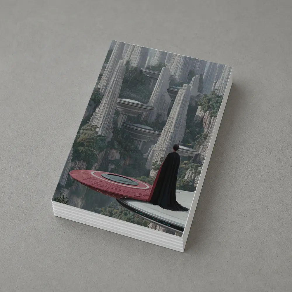 Cloaked Figure Overlooking Futuristic City Towers – Postcards