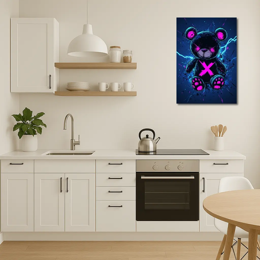 Dark Neon Teddy Bear Cyberpunk Blue Background – Wall Art
