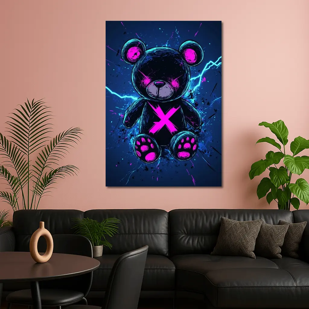 Dark Neon Teddy Bear Cyberpunk Blue Background – Wall Art