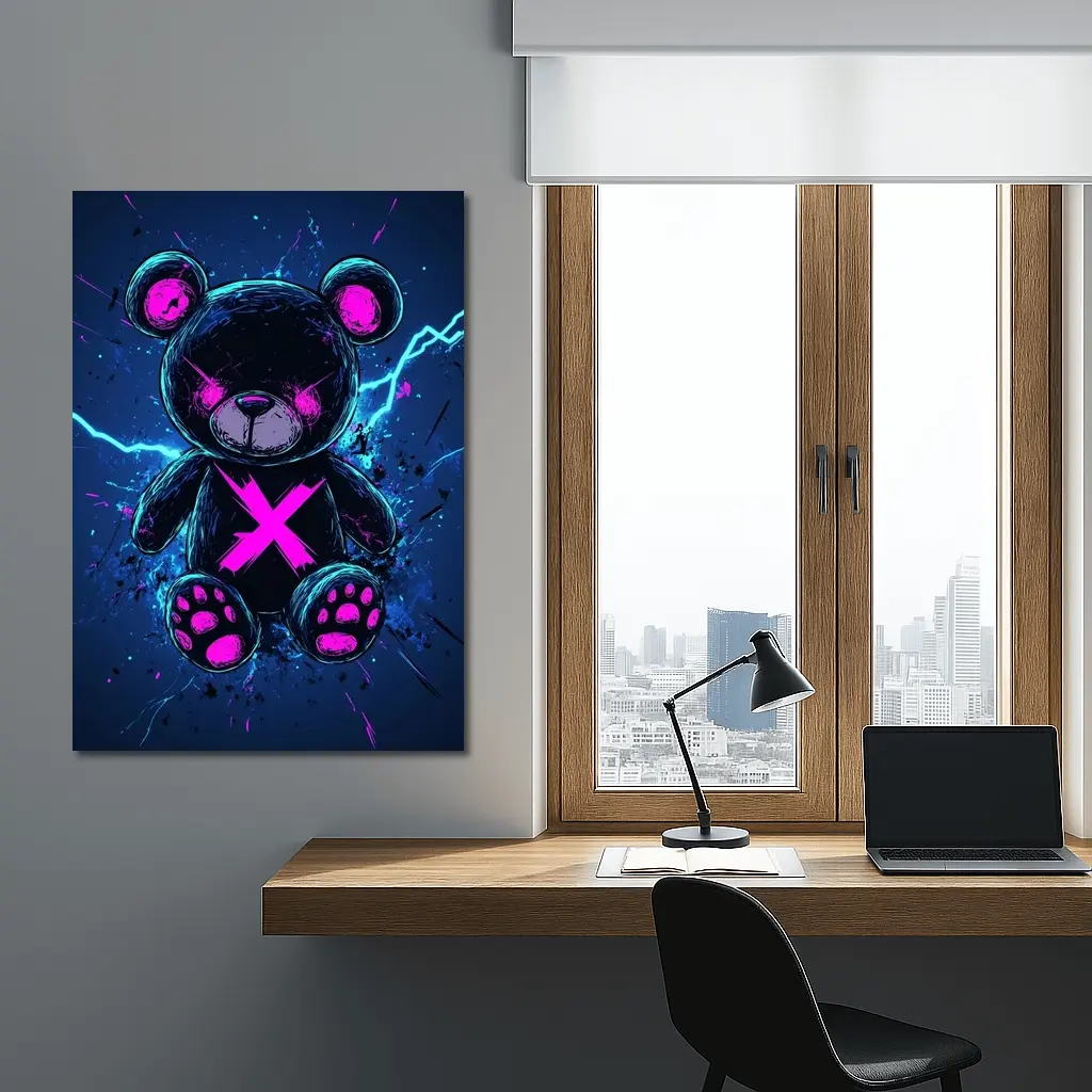 Dark Neon Teddy Bear Cyberpunk Blue Background – Wall Art