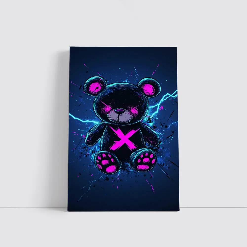 Dark Neon Teddy Bear Cyberpunk Blue Background – Wall Art