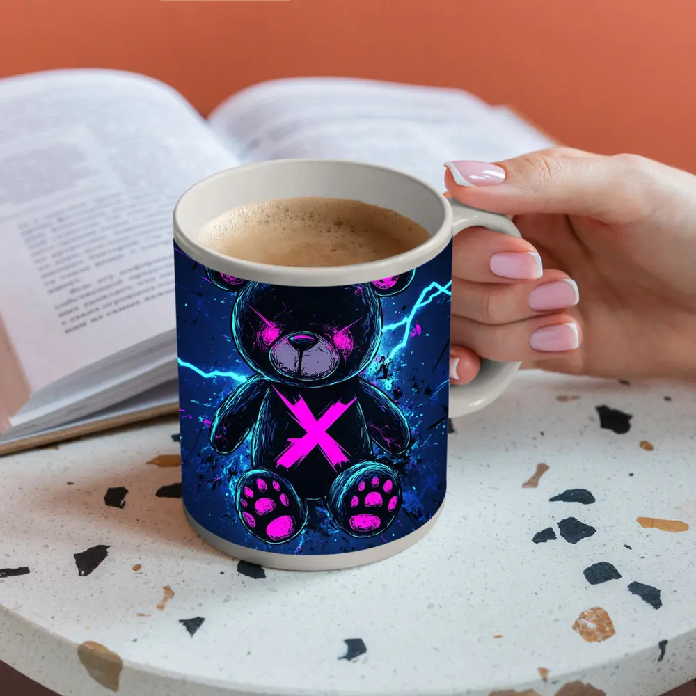 Dark Neon Teddy Bear Cyberpunk Blue Background – Mugs