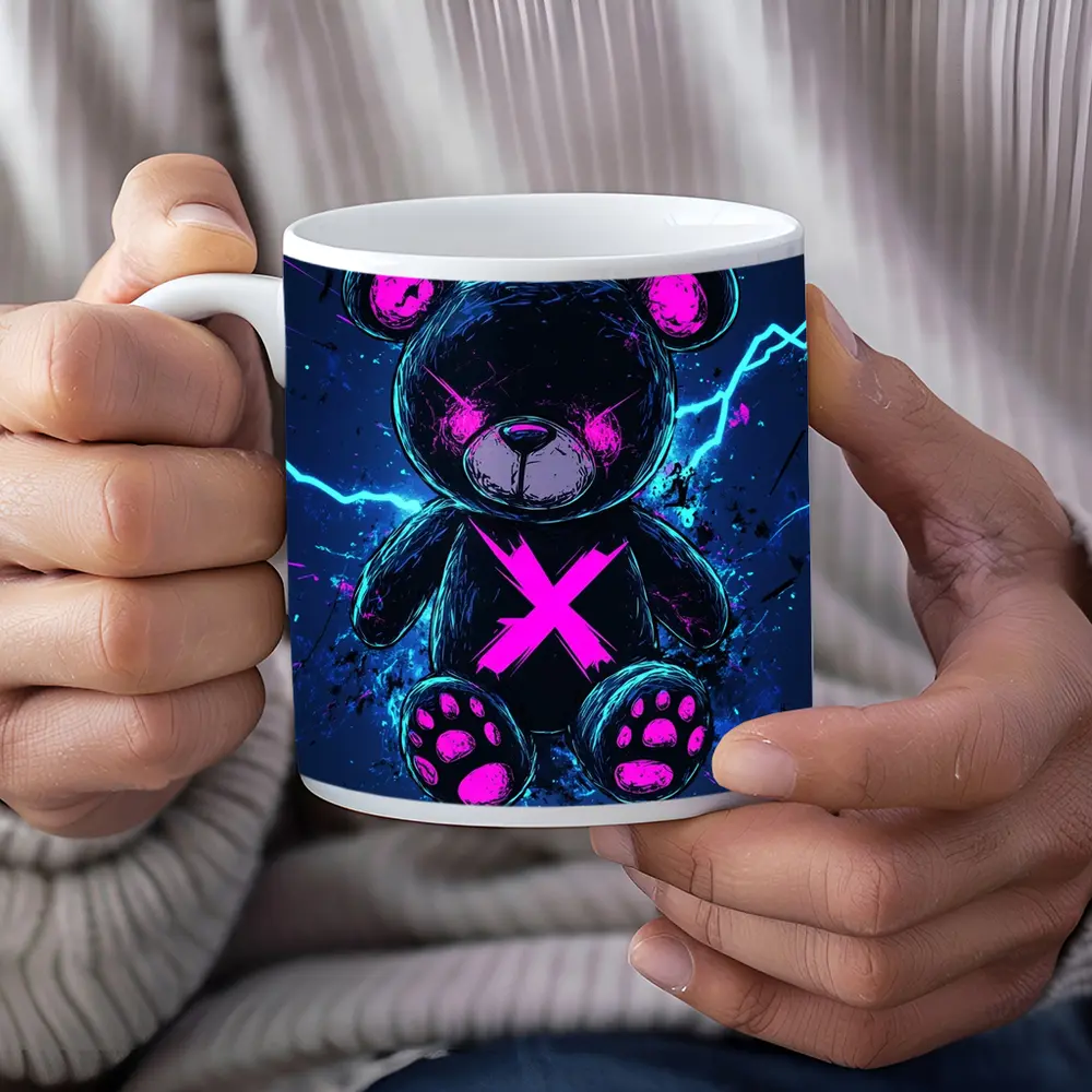 Dark Neon Teddy Bear Cyberpunk Blue Background – Mugs