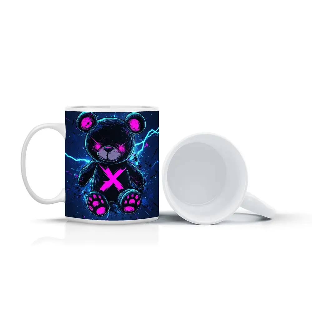 Dark Neon Teddy Bear Cyberpunk Blue Background – Mugs
