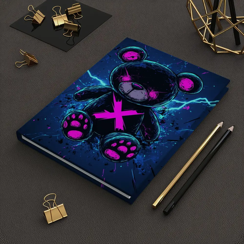 Dark Neon Teddy Bear Cyberpunk Blue Background – Notebooks