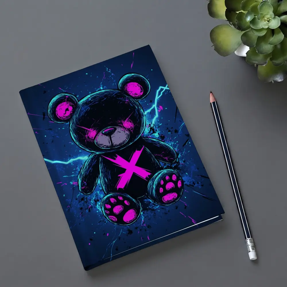 Dark Neon Teddy Bear Cyberpunk Blue Background – Notebooks