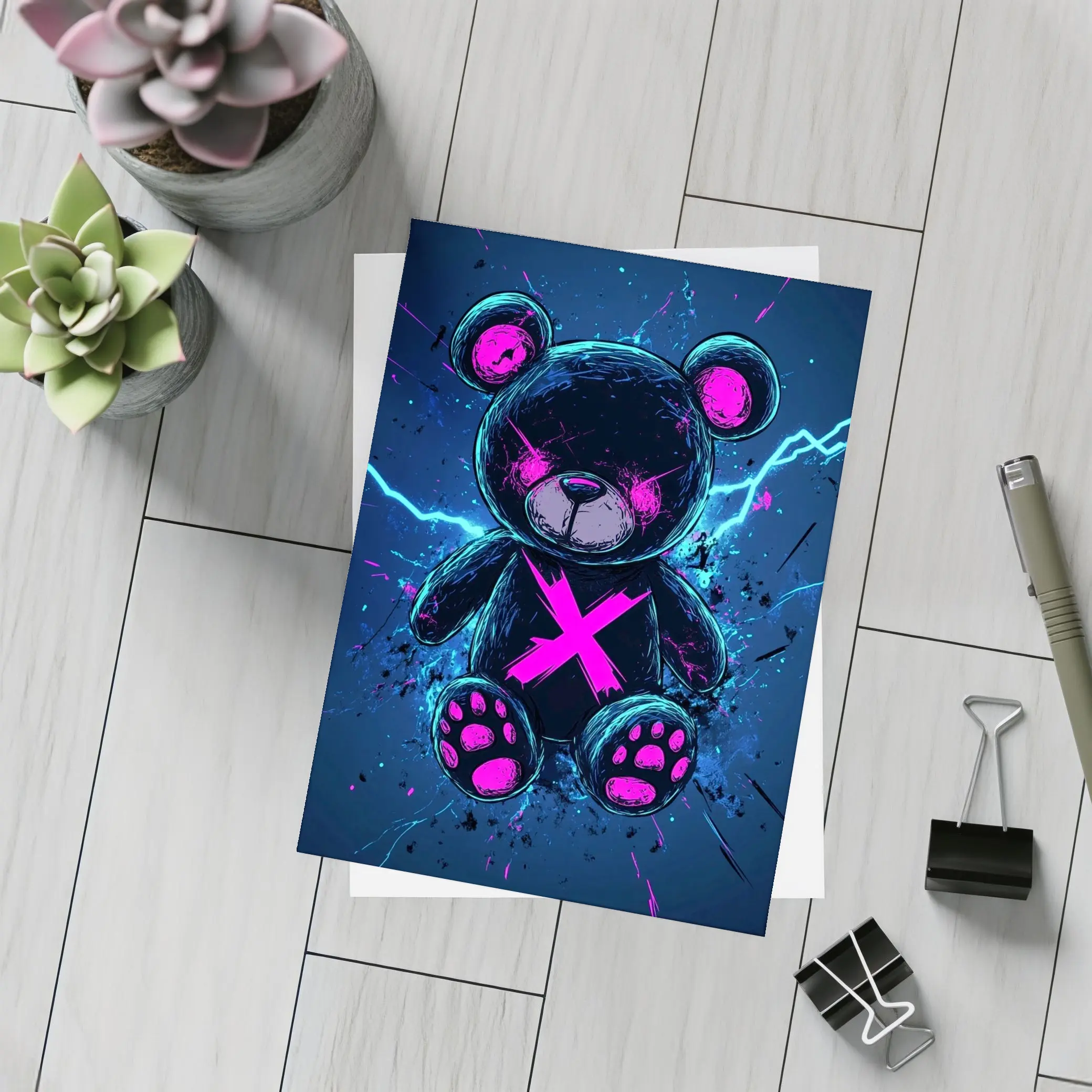 Dark Neon Teddy Bear Cyberpunk Blue Background – Postcards