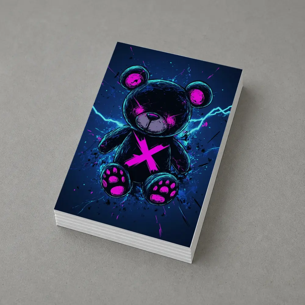 Dark Neon Teddy Bear Cyberpunk Blue Background – Postcards