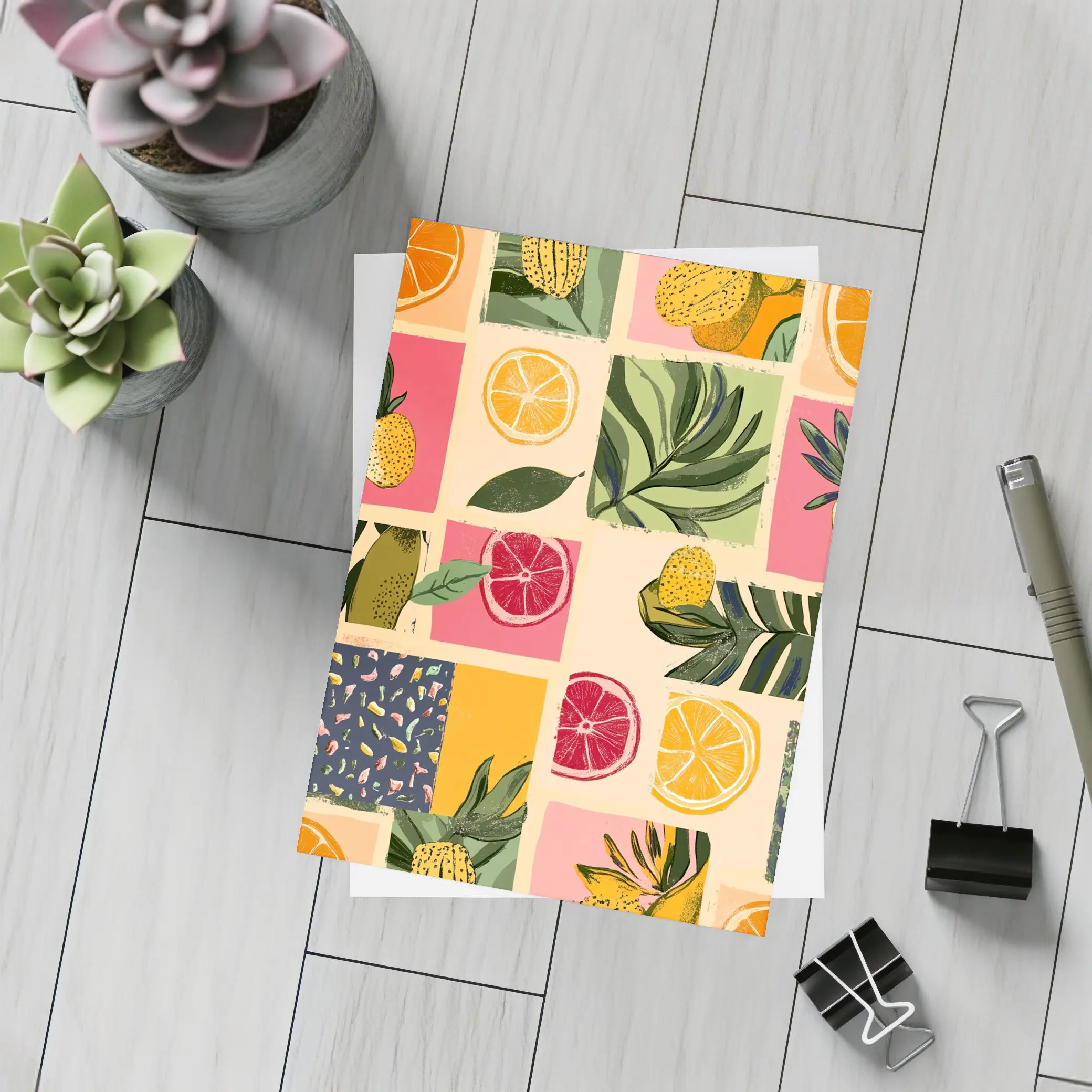 Tropical Citrus Fruits Collage Pattern Art – Postcards