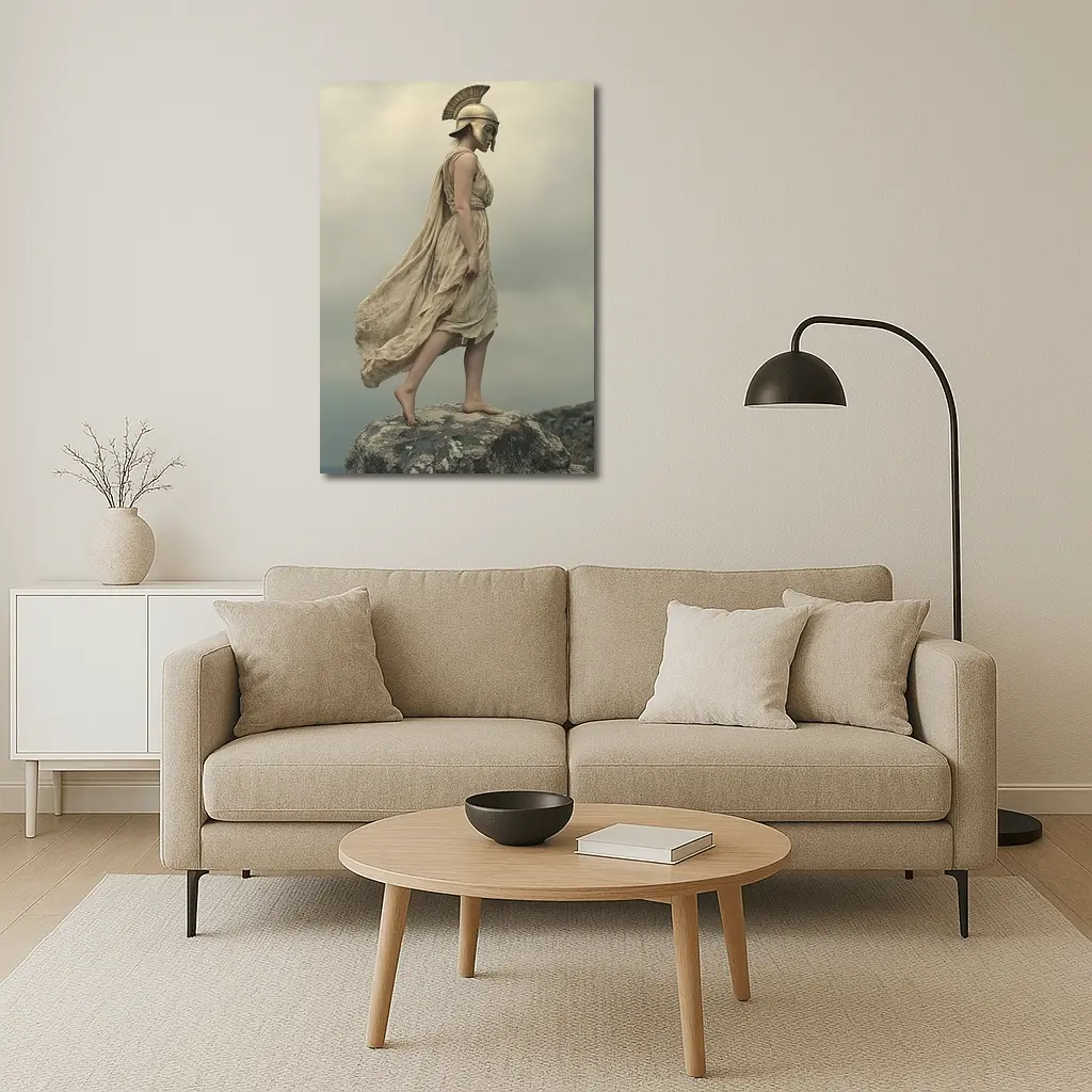 Warrior Woman Greek Helmet Standing Rocky Cliff – Wall Art