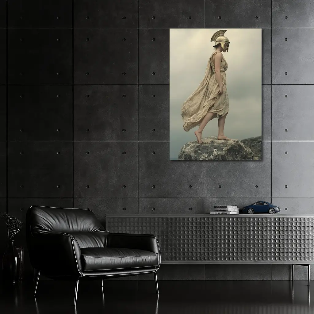 Warrior Woman Greek Helmet Standing Rocky Cliff – Wall Art