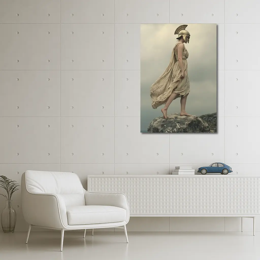 Warrior Woman Greek Helmet Standing Rocky Cliff – Wall Art