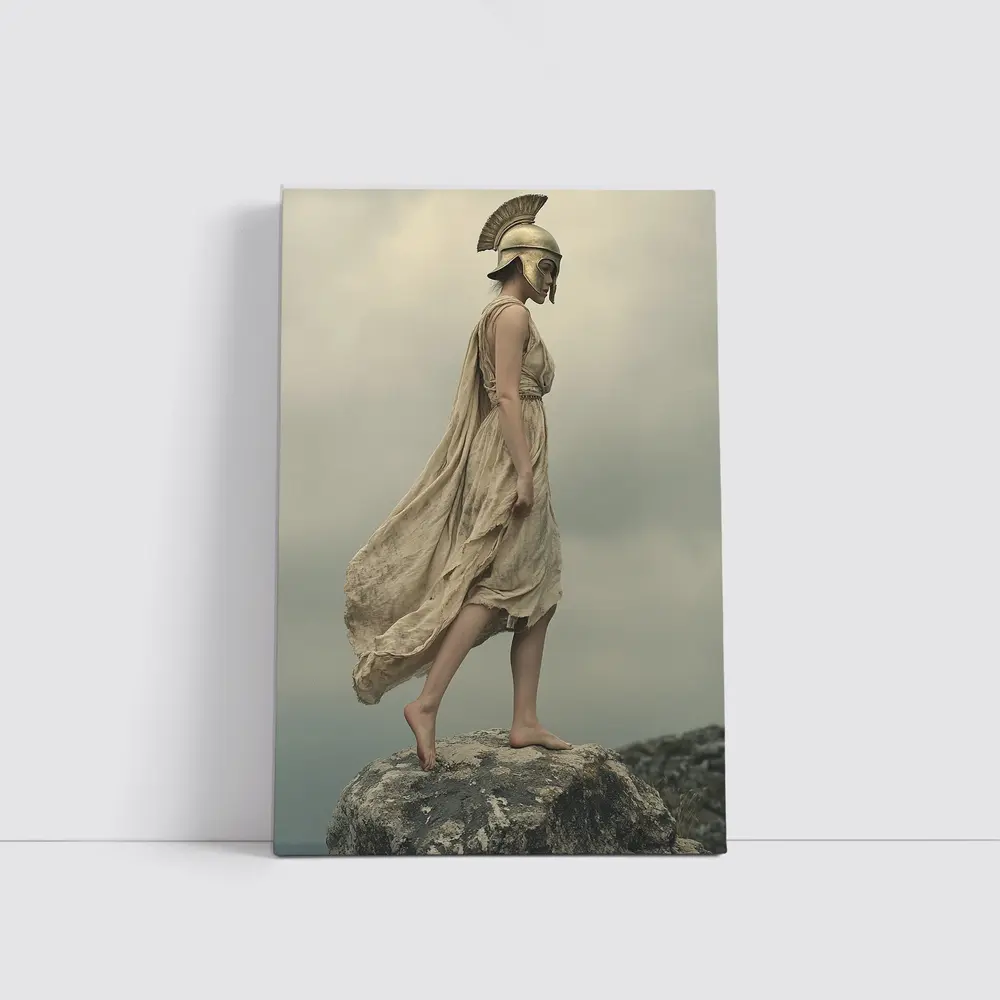 Warrior Woman Greek Helmet Standing Rocky Cliff – Wall Art