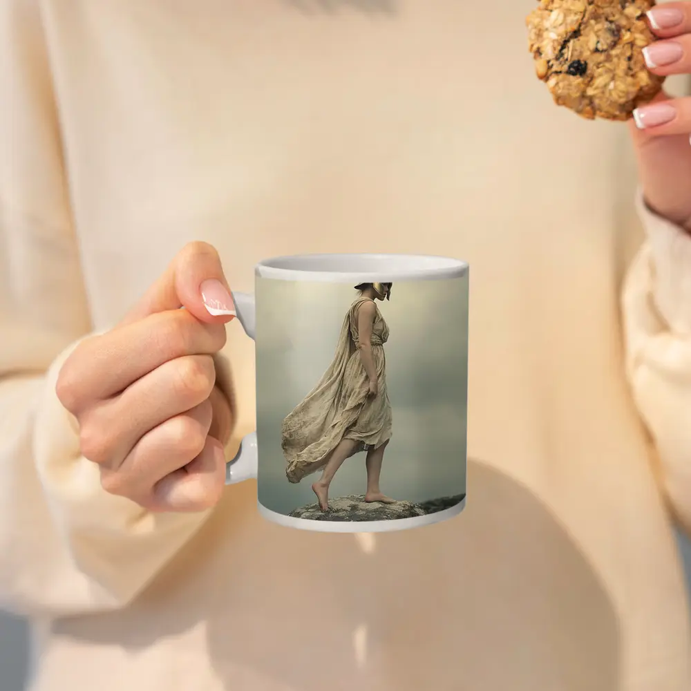 Warrior Woman Greek Helmet Standing Rocky Cliff – Mugs