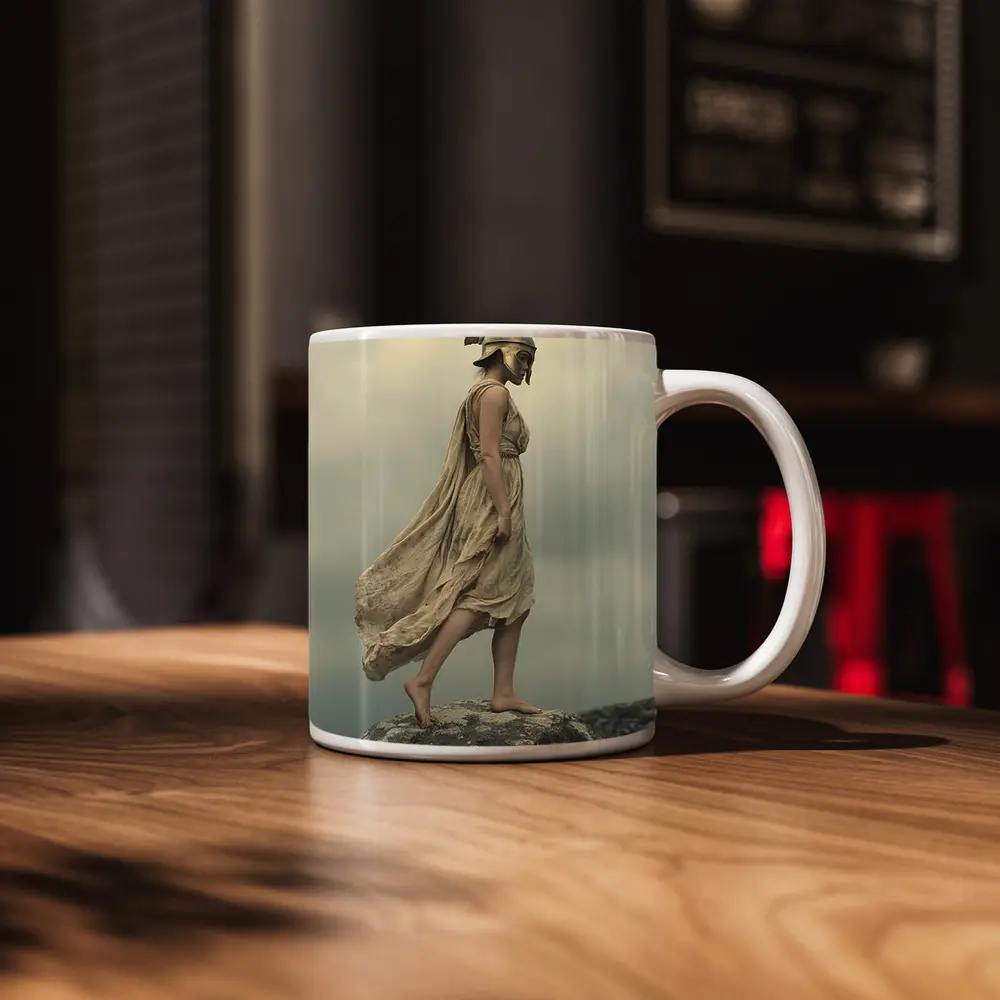 Warrior Woman Greek Helmet Standing Rocky Cliff – Mugs