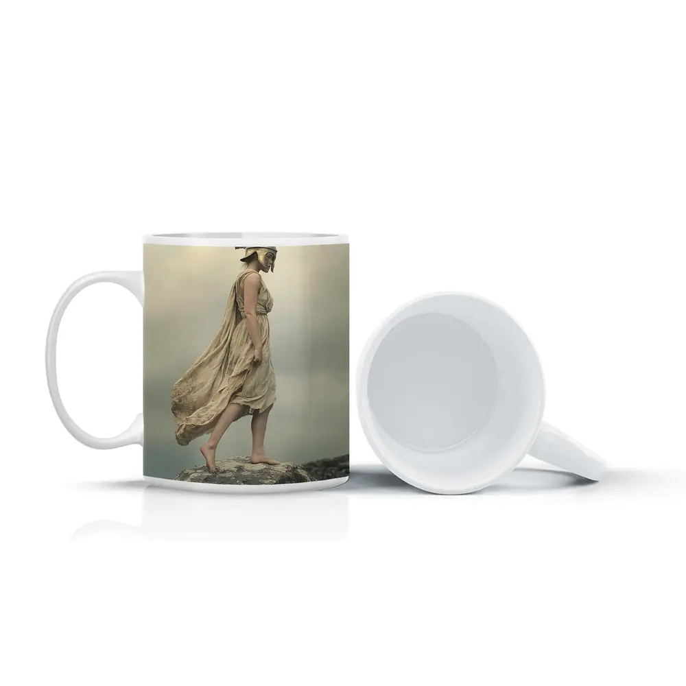 Warrior Woman Greek Helmet Standing Rocky Cliff – Mugs