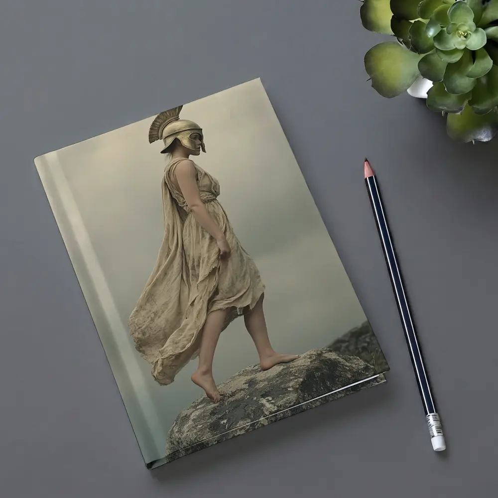 Warrior Woman Greek Helmet Standing Rocky Cliff – Notebooks