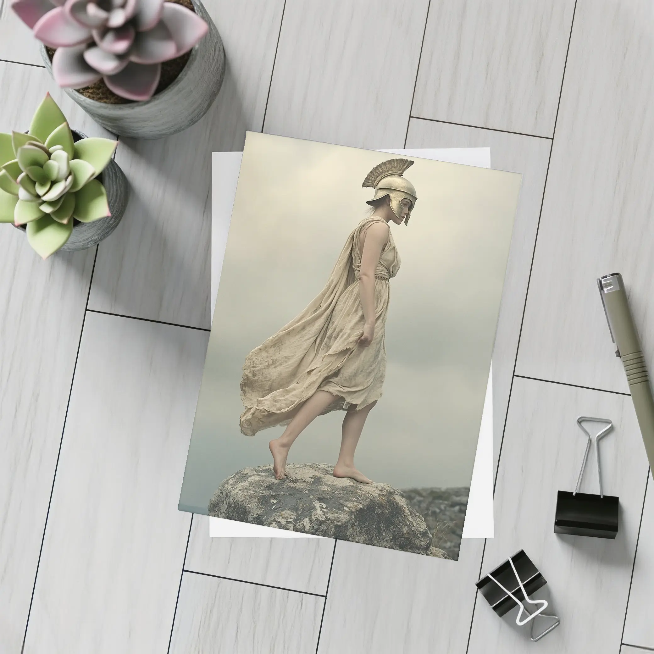 Warrior Woman Greek Helmet Standing Rocky Cliff – Postcards