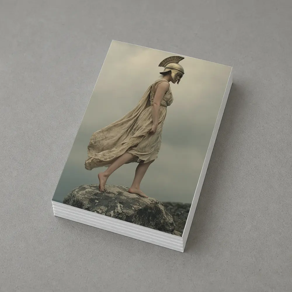 Warrior Woman Greek Helmet Standing Rocky Cliff – Postcards