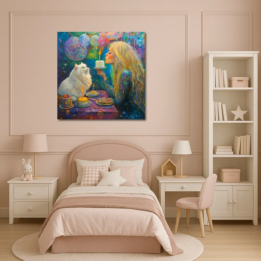 Girl Blowing Birthday Cake With White Cat – Wall Art