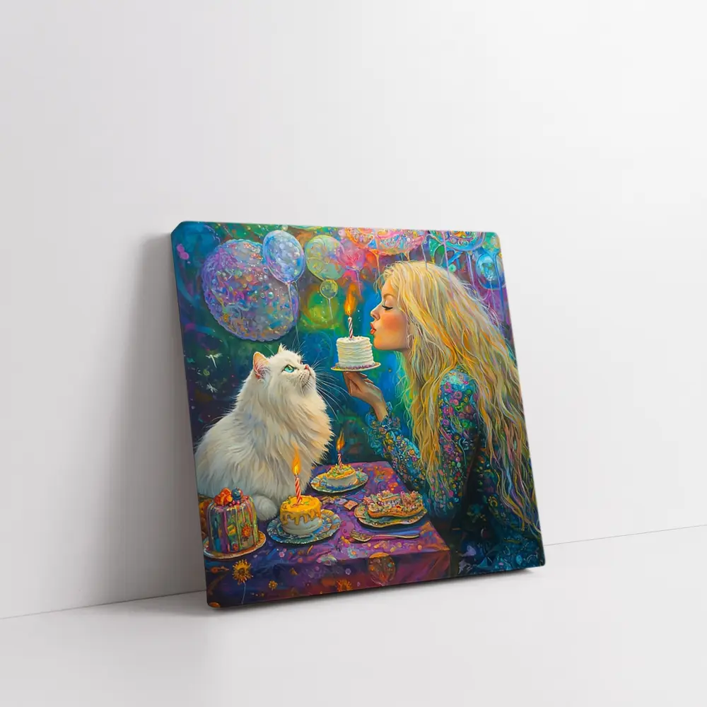 Girl Blowing Birthday Cake With White Cat – Wall Art