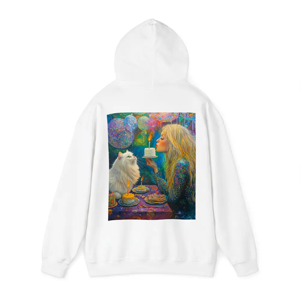 Girl Blowing Birthday Cake With White Cat – Hoodies