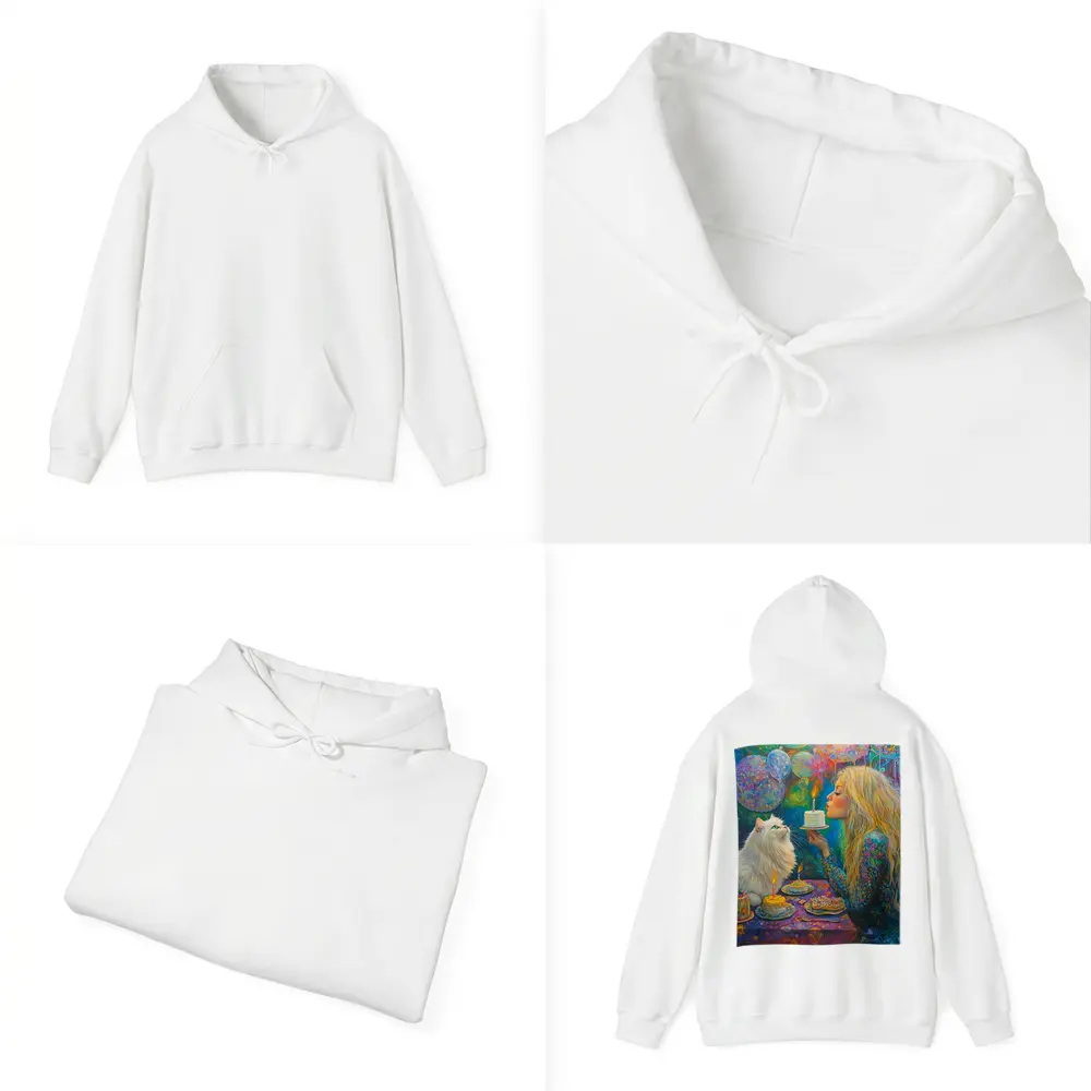 Girl Blowing Birthday Cake With White Cat – Hoodies