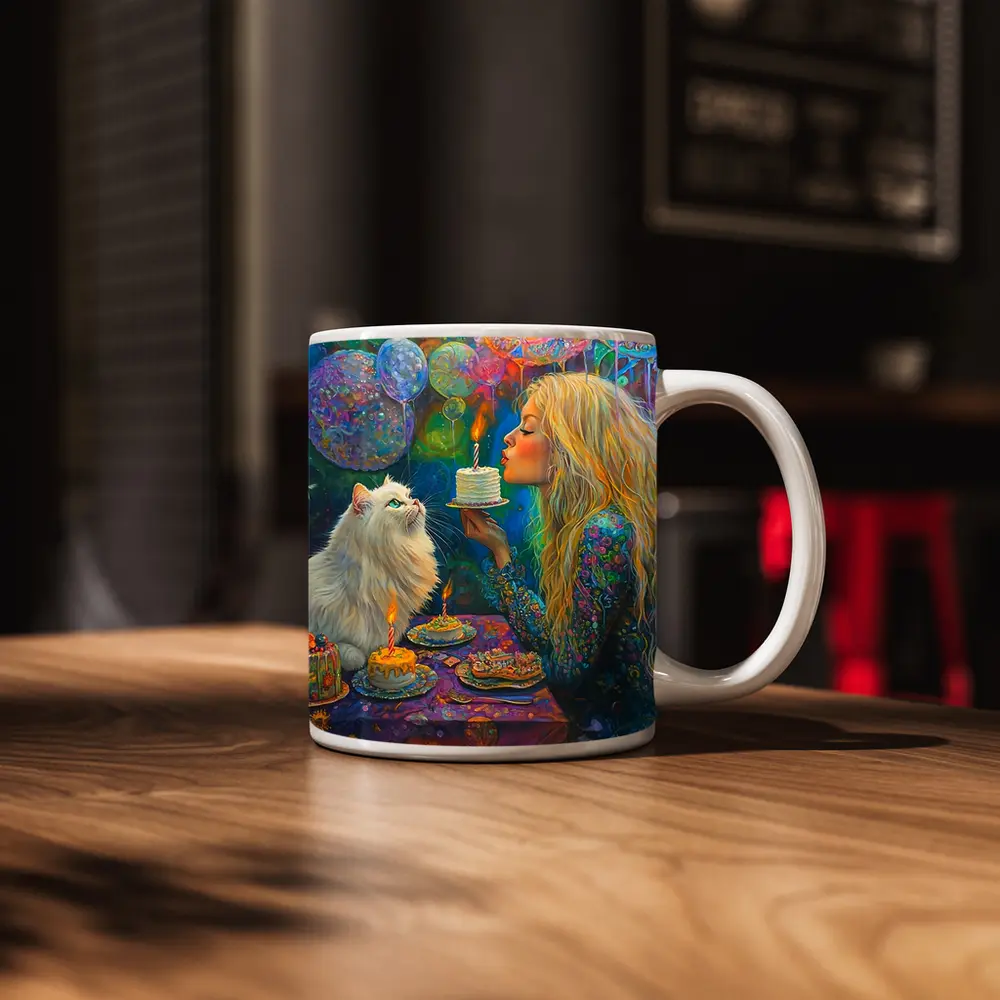 Girl Blowing Birthday Cake With White Cat – Mugs