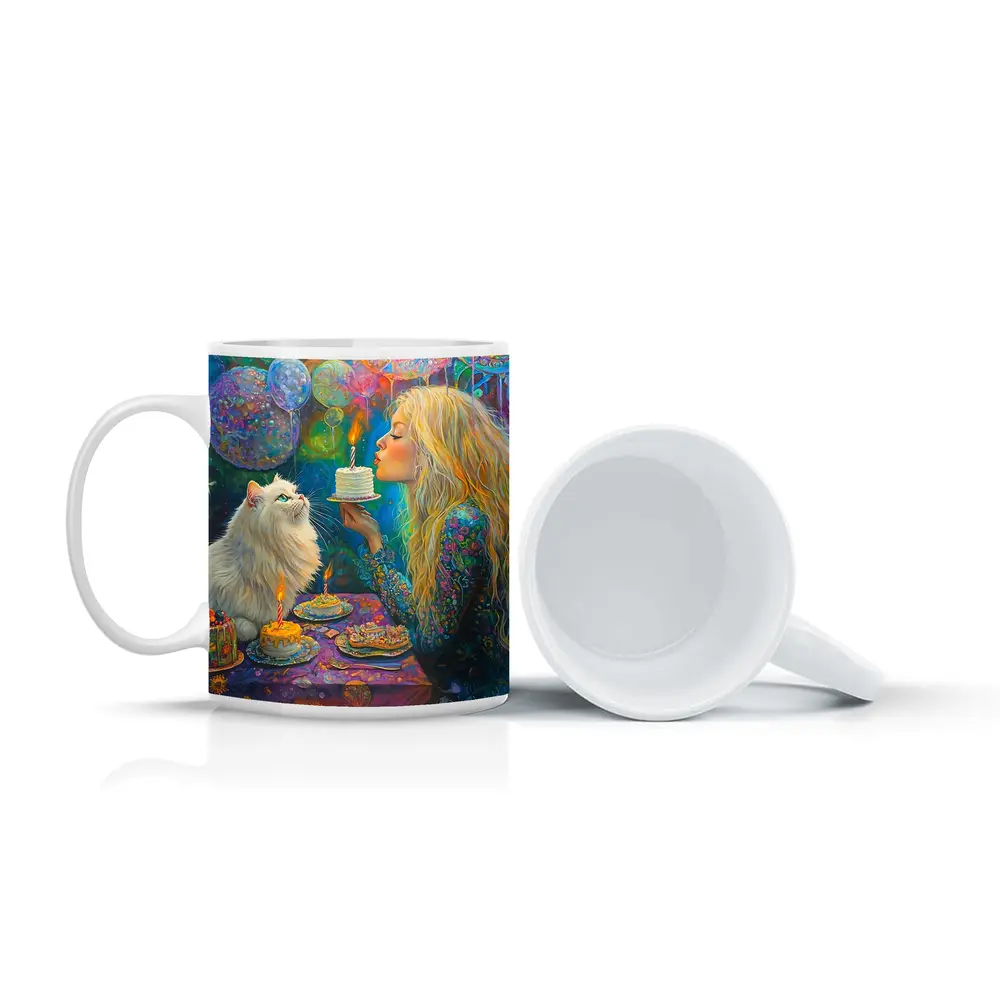 Girl Blowing Birthday Cake With White Cat – Mugs