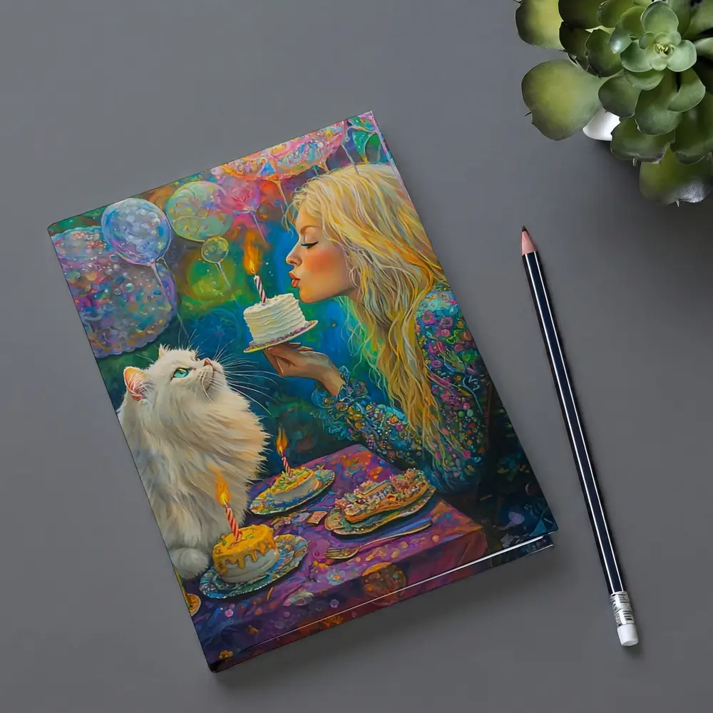 Girl Blowing Birthday Cake With White Cat – Notebooks