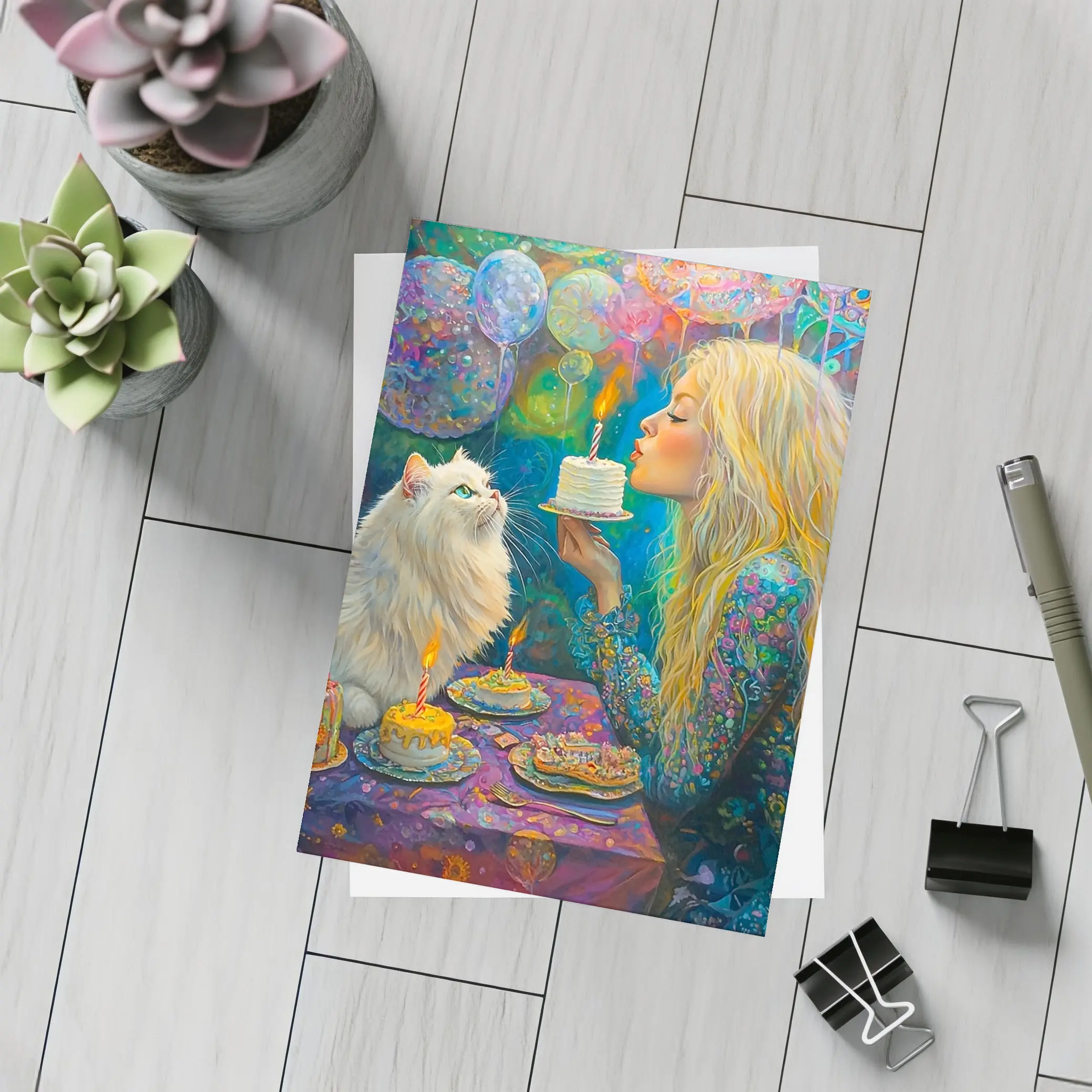 Girl Blowing Birthday Cake With White Cat – Postcards