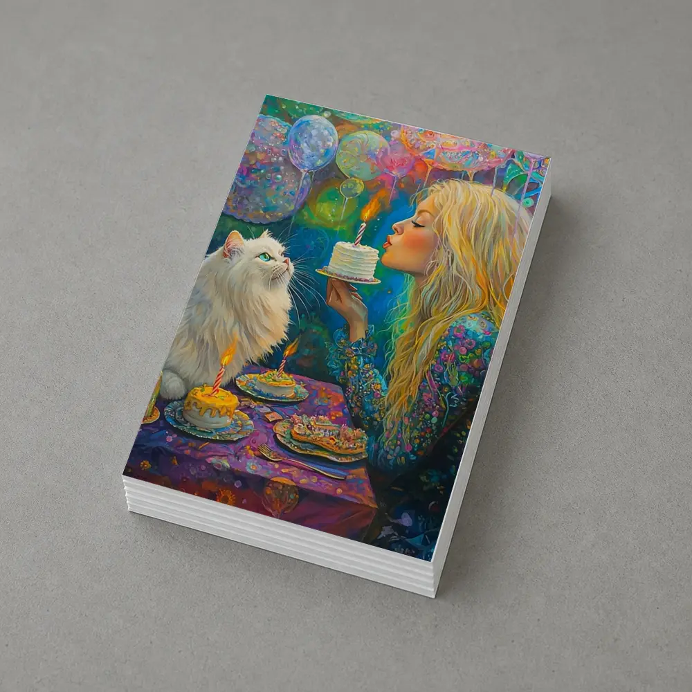 Girl Blowing Birthday Cake With White Cat – Postcards