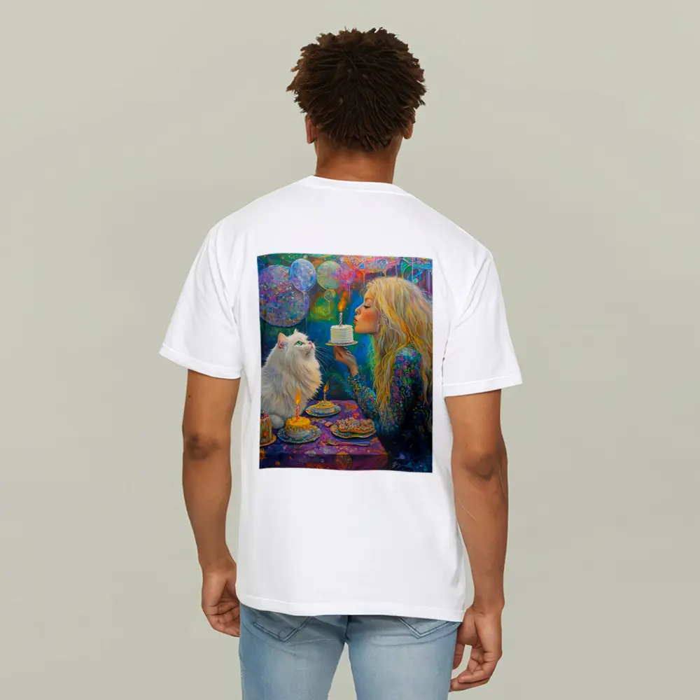 Girl Blowing Birthday Cake With White Cat – T-Shirts