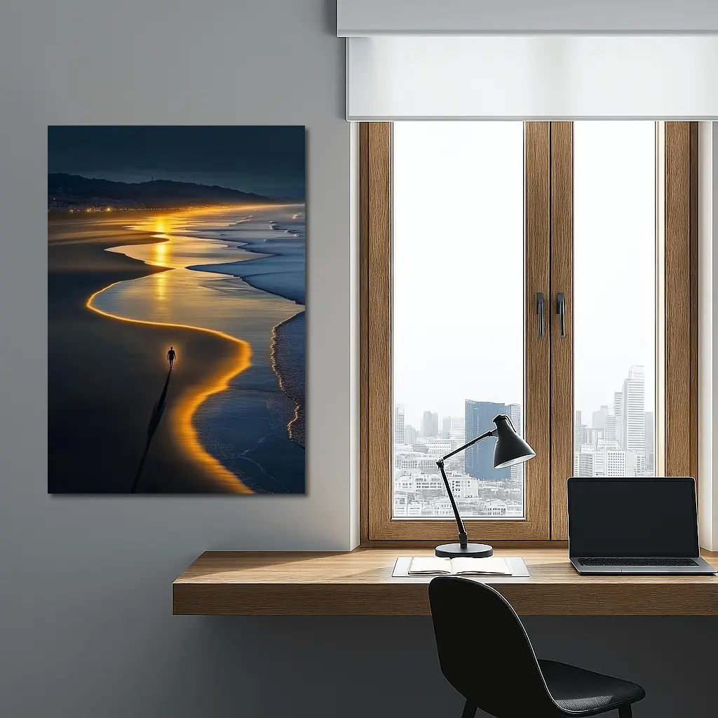 Lone Figure Walking Glowing Beach At Night – Wall Art