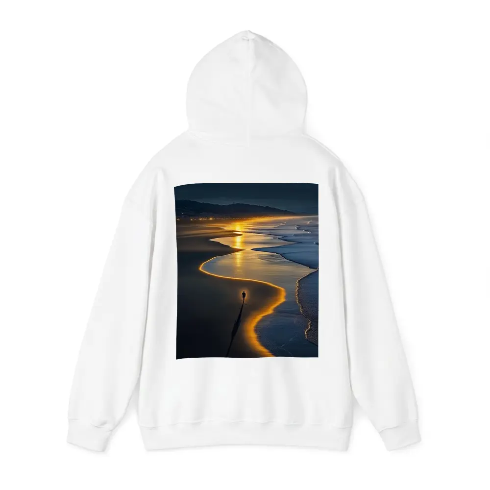 Lone Figure Walking Glowing Beach At Night – Hoodies