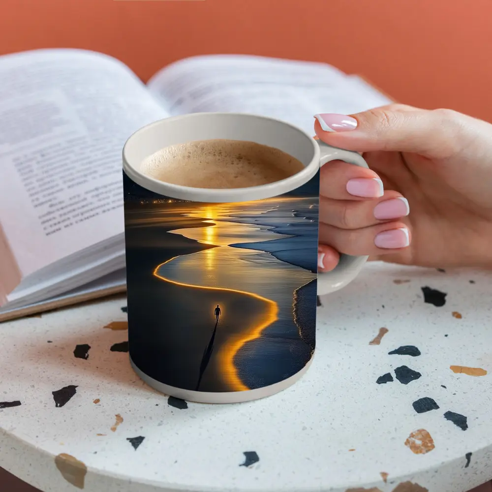 Lone Figure Walking Glowing Beach At Night – Mugs