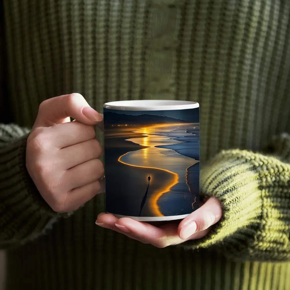 Lone Figure Walking Glowing Beach At Night – Mugs