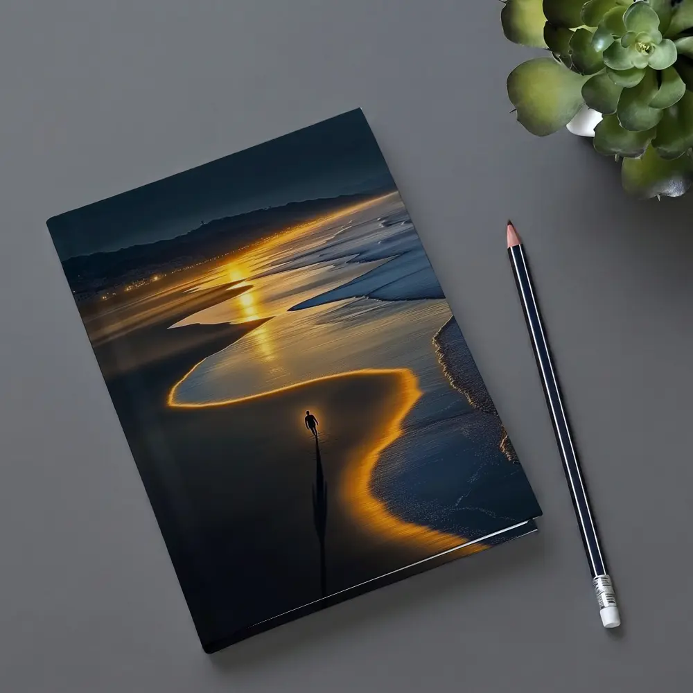 Lone Figure Walking Glowing Beach At Night – Notebooks